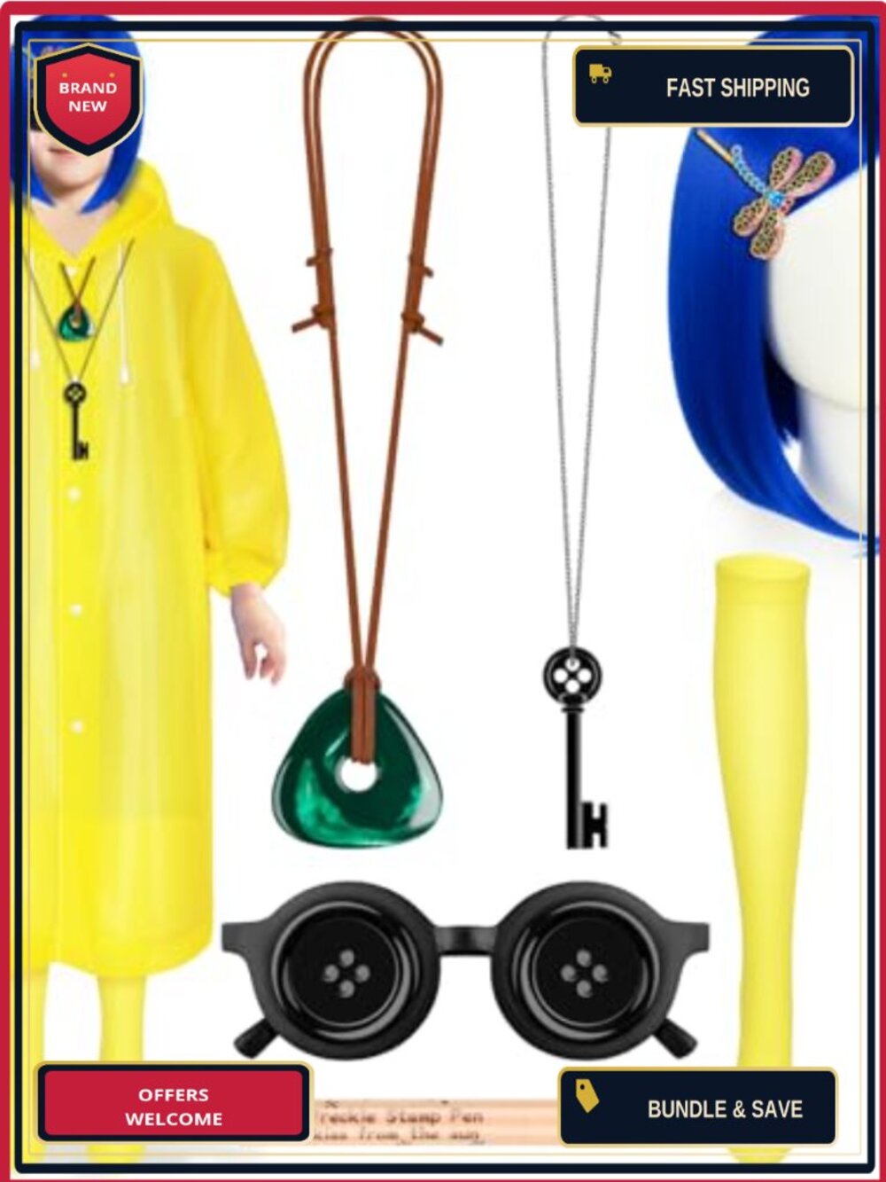 Halloween Cosplay Costume Set with Blue Wig Raincoat Accessories Freckles Pen